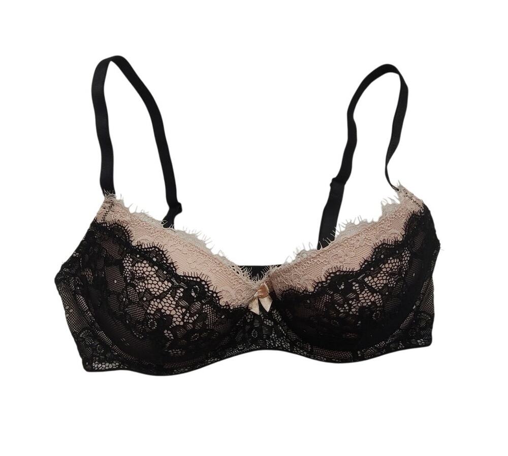 Adore Me 36D Black & Blush Pink Floral Eyelash Lace Sexy Balconette Bra